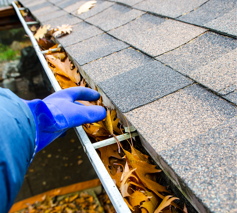 Gloved hand removing gutter debris