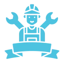 Worker logo with helmet and banner